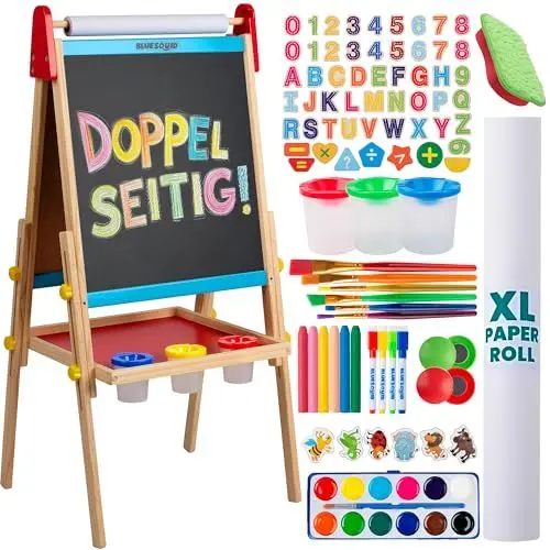 Produktbild: Blue Squid Kinder Staffelei - Höhenverstellbare, Doppelseitige Holz-Staffelei mit Magnetischer Kreidetafel, Whiteboard, Papierrolle, 100+ Zubehör, Ideal für Kinder 3-12 Jahre