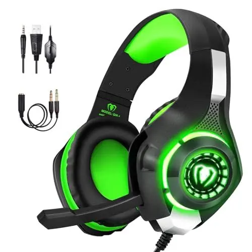 Produktbild: BlueFire Gaming Headset für PS4, Gaming Kopfhörer mit 3,5 mm Klinkenstecker LED und Mikrofon, Bass Stereo Audio Surround Gaming Headset für Xbox One/Xbox One S/PC/Laptop (Grün)