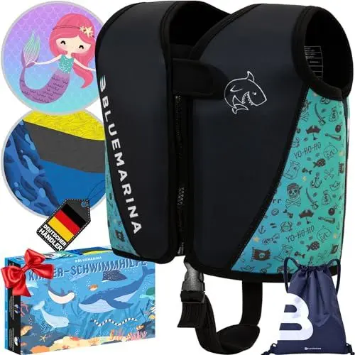 Produktbild: Bluemarina Schwimmweste für Kinder | Verschiedene Größen von Kleinkind bis Baby - Schwimmlernhilfe - Schwimmhilfe - Schwimmflügel - Schwimmring - Schwimm Weste für Kind ab 1-9 Jahren (Captain, S)