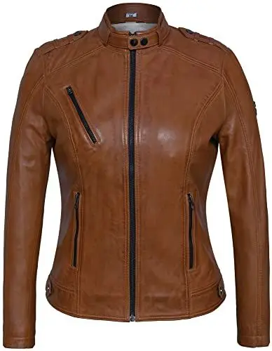 Produktbild: Blueorn Anneli Damen Lederjacke Bikerjacke – Moderner Echt Leder Jacke Übergangsjacke Stehkragen mit Druckknopf Schwarz-Cognac