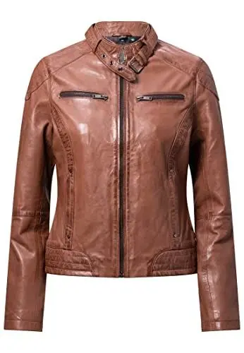 Produktbild: Blueorn Anneli Damen Lederjacke Bikerjacke – Moderner Echt Leder Jacke Übergangsjacke Stehkragen mit Druckknopf Schwarz-Cognac (as3, alpha, x_l, regular, regular, Cognac-Braun, XL)