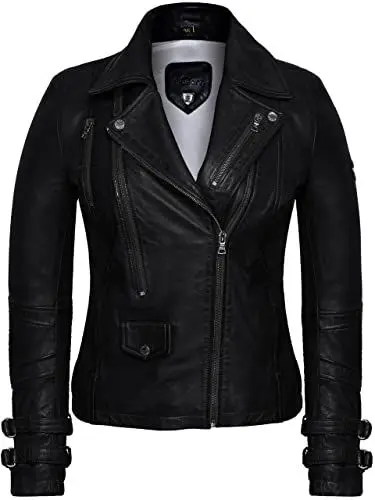 Produktbild: Bluepiel Poula Damen Lederjacke - Modernen Biker-Look - Echt Leder Jacke Rot Tailliert mit Reverskragen aus feinstem Lammnappa Leder (as3, alpha, l, regular, regular, Schwarz)