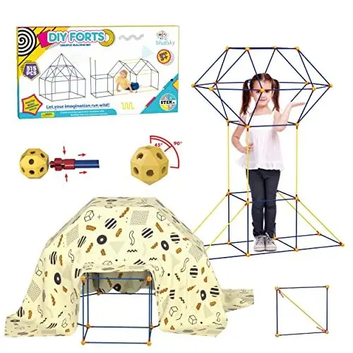 Produktbild: Bluesky DIY Forts kreatives Bauspielzeug (315pcs) mit Klicksystem, Steckstabbaukasten mit Querstäben: Konstruktionsspiel: XXL Spielzelt,Höhle,Rakete u.v.m, Jungen & Mädchen ab 5J.