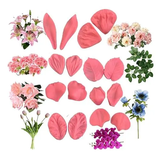 Produktbild: BlüTen Fondant Silikonformen, 16 Stück 3D-Rosenblätter, Tulpen, Orchideen, Zuckerblumen, Silikonformen für Kuchendekoration Cupcake-Topper Gummipaste