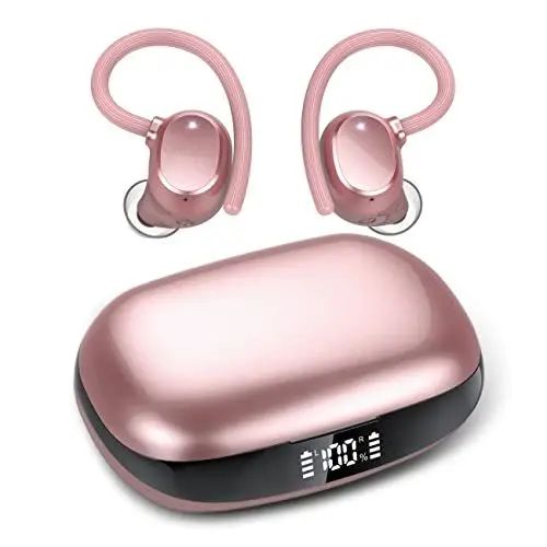 Produktbild: Bluetooth 5.3 Kopfhörer Sport, In Ear Kabellos Stereo mit HD Mic, 48 Std Spielzeit mit Ladekoffer LED Anzeige, Tiefer Bass, IP7 wasserdichte Lauf mit Ohrhaken für Sport Rose Gold