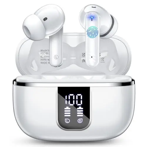 Produktbild: Bluetooth Kopfhörer, 2025 In Ear Kopfhörer Kabellos Bluetooth 5.4 mit 4 ENC Noise Cancelling Mic, 38 Std Ohrhörer mit LED Anzeige, Ergonomie, IPX7 Wasserdichtes Earbuds Kompatibel IOS Android, Weiß