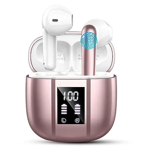 Produktbild: Bluetooth Kopfhörer, Kopfhörer Kabellos 5.3, , IP7 Wasserdicht In-ear Ohrhörer mit Mikrofon, 48H Immersiver Deep Bass Earbud, Digitale LED-Anzeige Headset(Roségold)