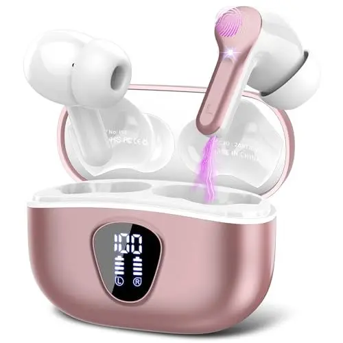 Produktbild: Bluetooth Kopfhörer, Kopfhörer Kabellos Bluetooth 5.3 In Ear, 4 ENC Noise Cancelling Mic Ohrhörer, HiFi Stereo Tiefbass, 40H Spielzeit, LED-Anzeige, IP7 Wasserdichte Earbuds, Touch Control, Roségold