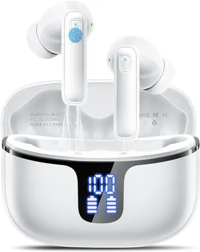 Produktbild: Bluetooth Kopfhörer, Kopfhörer Kabellos Bluetooth 5.3 In Ear Kopfhörer mit 4 ENC Mics, 2024 Kabellose Kopfhörer Noise Cancelling Earbuds IP7 Wasserdicht 40Std Tiefer Bass Ohrhörer LED Anzeige Weiß