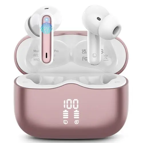 Produktbild: Bluetooth Kopfhörer, Kopfhörer Kabellos Bluetooth 5.3 In Ear Kopfhörer mit 4 ENC Noise Cancelling Mic, Kabellose Kopfhörer Tiefer Bass Wireless Earbuds 40Std, IP7 Wasserdicht LED Anzeige, Roségold