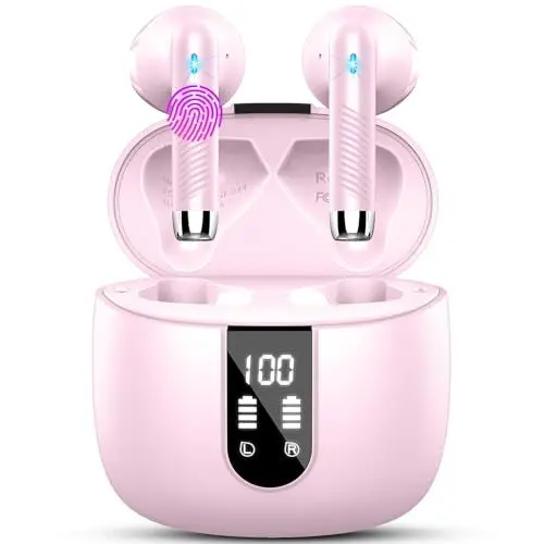 Produktbild: Bluetooth Kopfhörer, Kopfhörer Kabellos Bluetooth 5.3 In Ear Kopfhörer mit 4 HD Mic, 2024 Kabellose Kopfhörer 42Std ENC Noise Cancelling Earbuds Tiefer Bass, IP7 Wasserdicht Ohrhörer LED-Anzeige,rosa