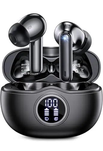Produktbild: Bluetooth Kopfhörer, Kopfhörer Kabellos Bluetooth 5.3 Stereo von hoher Qualität, mit 4 ENC Noise Cancelling Mic, 50 Stunden Wiedergabe, LED-Display, IP7 Sport Wasserdichte Kabellose Kopfhörer, Schwarz
