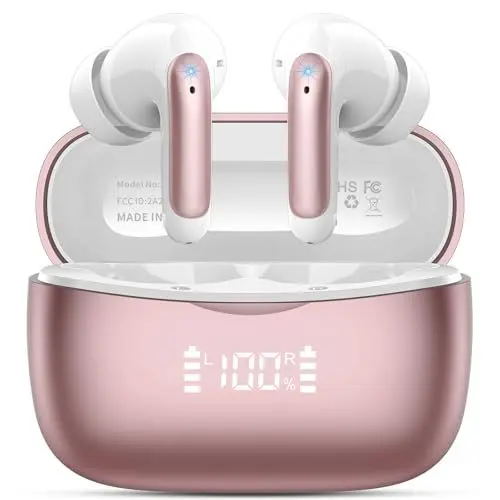 Produktbild: Bluetooth Kopfhörer, Kopfhörer Kabellos Bluetooth 5.3 in Ear Kopfhörer mit 4 ENC Noise Cancelling Mic, 56H HiFi Stereo Tiefbass Spielzeit, IP7 Wasserdicht Ohrhörer LED Anzeige, Touch Control, Roségold