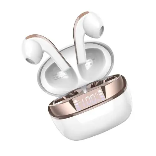 Produktbild: Bluetooth Kopfhörer, Kopfhörer Kabellos Bluetooth 5.3 mit 4 Mic, In Ear Kopfhörer Bluetooth ENC Noise Cancelling, HiFi Stereo Ohrhörer mit LED-Anzeige , 36 Std Spielzeit, IP7 Wasserdicht, Weißgold