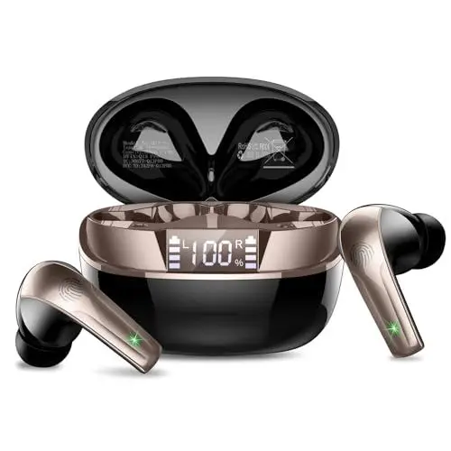 Produktbild: Bluetooth Kopfhörer, Kopfhörer Kabellos Bluetooth 5.4 HiFi-Klangqualität mit ENC Mikrofon, 47Std Spielzeit In Ear Ohrhörer mit IP7 Wasserdicht, Ohrhörer mit LED Anzeige für IOS/Android, Schwarzgold
