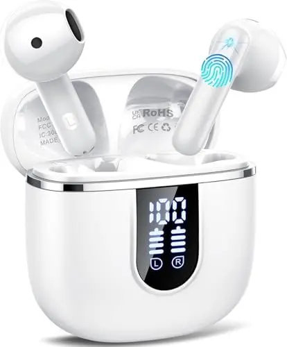Produktbild: Bluetooth Kopfhörer, Kopfhörer Kabellos Bluetooth 5.4 In Ear Kopfhörer mit 4 ENC Noise Cancelling Mikrofonen, 40Std Ohrhörer mit LED Anzeige USB-C, IP7 Wasserdicht Earbuds für Sport Studium, Weiß