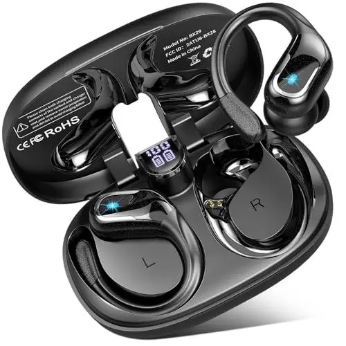 Produktbild: Bluetooth Kopfhörer Sport, 75H Wireless Earbuds Tiefer Bass, Kopfhörer Kabellos Bluetooth 5.4 mit ENC Noise Cancelling Mic, In Ear Kopfhörer IPX8 Wasserdicht Ohrhaken, Ohrhörer für Android IOS Schwarz