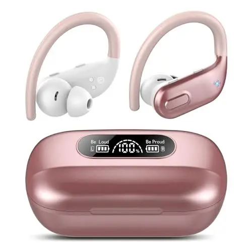 Produktbild: Bluetooth Kopfhörer Sport, Kopfhörer Kabellos Bluetooth 5.3 Kopfhörer In Ear mit 4 ENC Mirc, 80 Std Tiefer Bass, Tastensteuerung, IPX7 wasserdichte Ohrhörer mit Ohrhaken für iOS/Android Rosarot