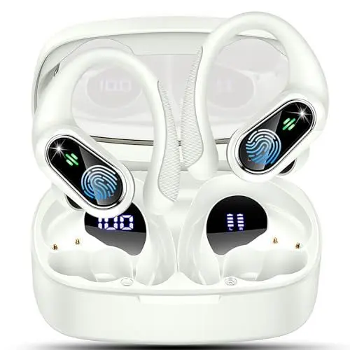 Produktbild: Bluetooth Kopfhörer Sport, Kopfhörer Kabellos Bluetooth 5.3 mit 4 ENC Mic, klare Klangqualität, 50Std HiFi Stereo In Ear Kopfhörer mit Dual LED-Anzeige, IP7 Wasserdichte Ohrhörer mit Ohrhaken, Weiß