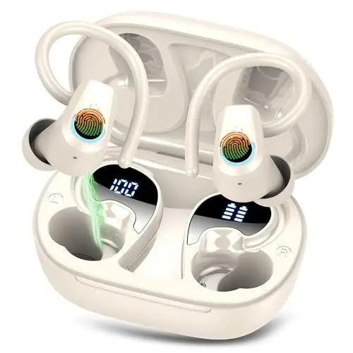 Produktbild: Bluetooth Kopfhörer Sport, Kopfhörer Kabellos Bluetooth 5.3 mit 4 Mic, 2024 In Ear Kopfhörer Noise Cancelling Dual LED Earbuds, 50Std Tiefer Bass, IP7 Wasserdicht Ohrhörer Arbeit Studium Sport, Weiß