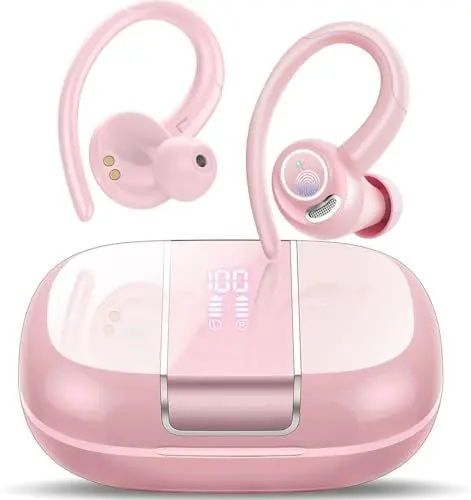 Produktbild: Bluetooth Kopfhörer Sport, Kopfhörer Kabellos Bluetooth 5.3 mit ENC Mikrofon, 48Std Premium-Tiefbass Wireless Earbuds mit LED Anzeige, Leichtes Design, IPX7 wasserdichte Ohrhörer, Rosenpulver