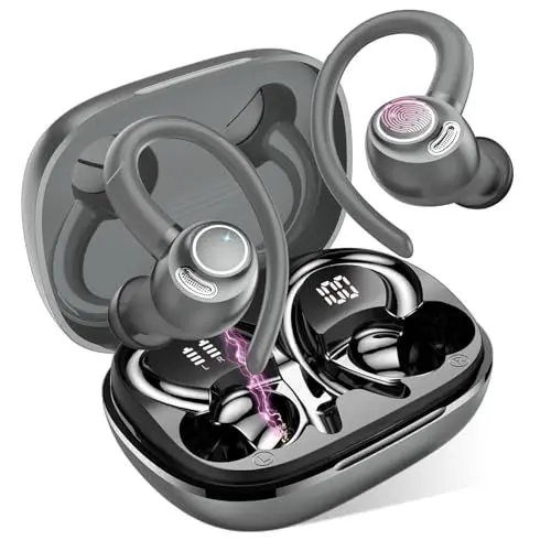 Produktbild: Bluetooth Kopfhörer Sport, in Ear Kopfhörer Kabellos Bluetooth 5.3 mit HD Mic, Herausragender Sound, 40 Std Spielzeit, Comfort Fit, Dual LED-Anzeige, IP7 Wasserdicht Ohrhörer mit Ohrhaken, Grau
