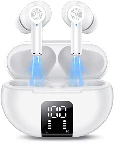 Produktbild: Alesily Bluetooth Kopfhörer in Ear, Kabellos 5.3 HiFi Stereoklang mit Touch-Steuerung, Wireless Lärmminderung Mic, 32 std Spielzeit, IP7 LED Digitalanzeige, white, 3.2 x 2.3 x 1 cm