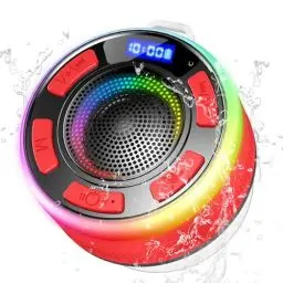 Produktbild: Bluetooth Lautsprecher, Bluetooth Duschlautsprecher mit Saugnapf, Upgraded LED Tragbarer Bluetooth Musikbox Shower IP7 Wasserdichter, Type-C, Mikrofon, Freisprechfunktion, für Badezimmer, Outdoor, Rot