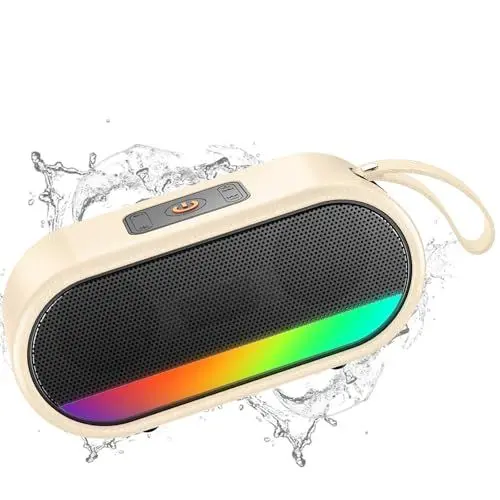 Produktbild: Bluetooth Lautsprecher, Tragbarer Bluetooth 5.3 Musikbox mit Licht, Dualen Bass-Treibern, 10 Akku, IPX6 Wasserdicht, Freisprechen, TWS Paarung, Geeignet für Outdoor, Reisen, Strand, Beige