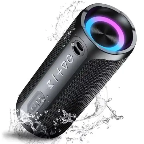 Produktbild: Bluetooth Lautsprecher mit Licht, Musikbox Tragbarer Bluetooth Box mit IPX7 wasserdicht, Stereo-Pairing, Eingebautes Mikrofon, 24h Akku, Perfekt für Zuhause, Draußen, Reisen, Schwarz