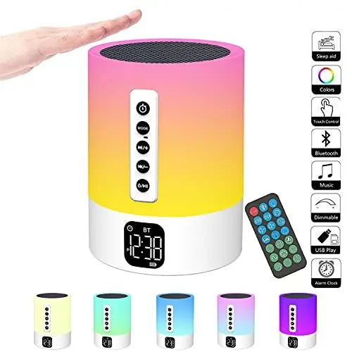 Produktbild: Bluetooth Lautsprecher mit Licht, Wecker mit Licht, Touch Dimmbar Nachttischlampe, White Noise Machine, RGB Farbwechsel Tragbarer Lautsprecher Atmosphäre Tischlampe Geschenke für Mädchen Kinder Jungen