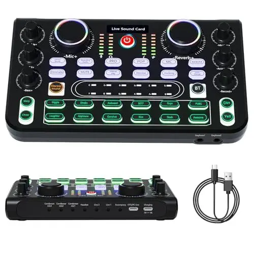 Produktbild: Bluetooth Stereo Audio-Mixer - Live-Soundkarte und Audio-Interface mit DJ-Mixer-Effekten und Sprachwechsler für Live-Streaming, PC, Aufnahmestudio und Gaming auf YouTube