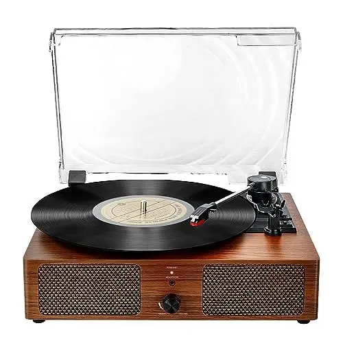 Produktbild: Bluetooth-Vinyl-Plattenspieler mit eingebauten Lautsprechern, unterstützt USB-Cinch-Ausgang, Aux-In-Kopfhörer, Auto-Stopp, 3-Gang-Riemenantrieb, tragbarer Phonograph für Unterhaltung und Dekoration