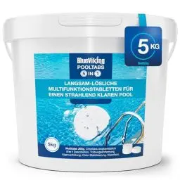 Produktbild: BlueViking Chlortabletten für Pool 5 in 1 - Hochwirksame Multitabs Pool 200g im 5kg Eimer - Chlor Pool Tabletten in EU Premium-Qualität - Einfache, Sichere und Effiziente Poolpflege