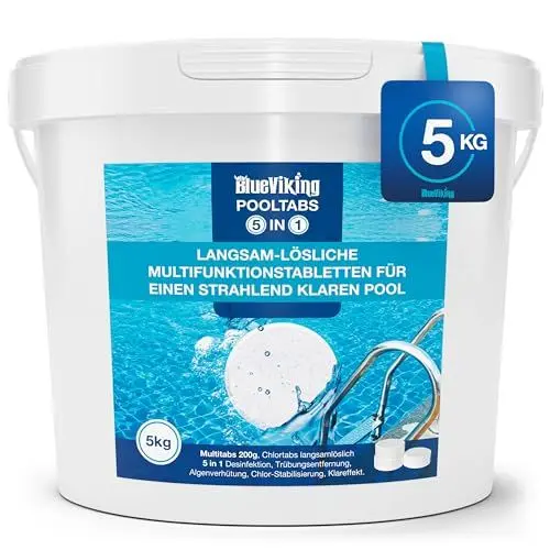 Produktbild: BlueViking Chlortabletten für Pool 5 in 1 - Hochwirksame Multitabs Pool 200g im 5kg Eimer - Chlor Pool Tabletten in EU Premium-Qualität - Einfache, Sichere und Effiziente Poolpflege