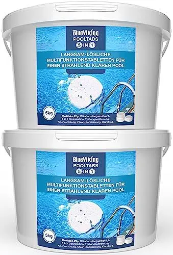 Produktbild: BlueViking Chlortabletten für Pool 5 in 1 - Hochwirksame Multitabs Pool 20g im 2x5kg Eimer - Chlor Pool Tabletten in EU Premium-Qualität - Einfache, Sichere und Effiziente Poolpflege Weiß