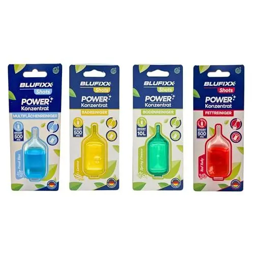 Produktbild: BLUFIXX Reinigungs-Powerpack: Küchen-, Boden-, Bad- und Allzweckreiniger - 4x 25ml Putzmittel-Konzentrat für den gesamten Haushalt