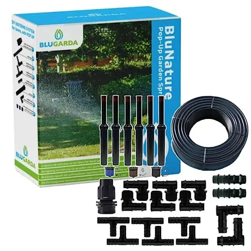 Produktbild: BluGarda - BluNature Pop-Up Bewässerungssprinkler für den Garten - Mit RainBird Bewässerungscomputer - Rasenbewässerung Sprinklersystem Kit - Bis 70m2 Rasen