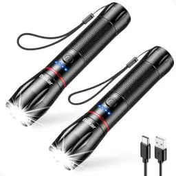 Produktbild: Blukar LED Taschenlampe Aufladbar, (2 Stück) 2000 Lumen Extrem Helle Zoombare Taschenlampen mit 5 Lichtmodi und Langer Betriebsdauer, IPX6 Wasserdichte Handlampe für Camping, Wandern, Angeln, Notfäll