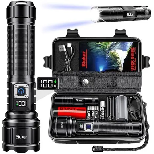 Produktbild: Blukar Taschenlampe LED Aufladbar, 500000 Lumen Extrem Hell Taschenlampen Zoombare Taktische Handlampe mit 5 Lichtmodi, IP67 Wasserdicht Flashlight Torch für Camping, Outdoor, Notfäll