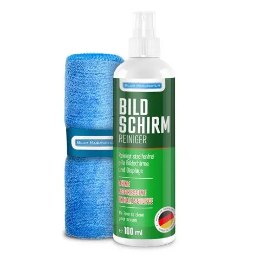 Produktbild: BLUM MANUFAKTUR 1x 100ml Bildschirmreiniger + 30x30 cm Mikrofasertuch Supersoft 365GSM - Screen Cleaner - Display Reiniger - Absolut streifenfreie Reinigung von Handy, Laptop, PC, TV