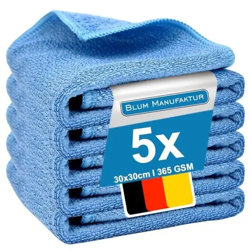 Produktbild: BLUM MANUFAKTUR 5er Set Mikrofasertuch (30x30 cm) - 5X Mikrofasertücher - Super Soft 365 GSM Reinigungstücher für Auto, Bad, Küche