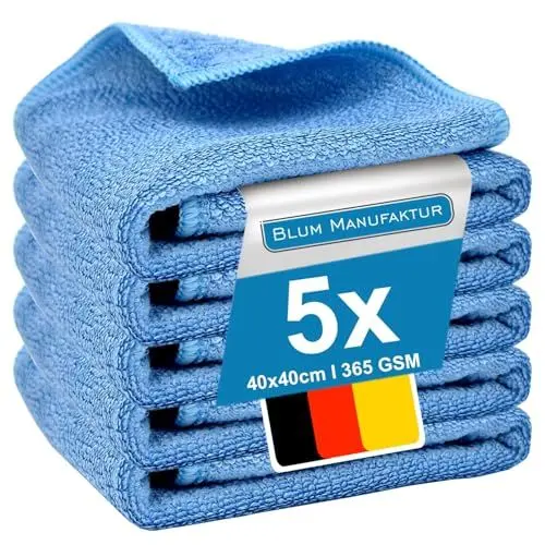 Produktbild: BLUM MANUFAKTUR 5er Set Mikrofasertuch (40x40 cm) - 5X Mikrofasertücher - Super Soft 365 GSM Reinigungstücher für Auto, Bad, Küche