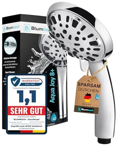 Produktbild: BLUMBACH® Duschkopf wassersparend - Hochdruck Duschkopf Aqua Joy - 8 Strahlarten, Duschbrause druckerhöhend, Brausekopf, Shower Head, wassersparender Sparduschkopf, hoher Wasserdruck starker Strahl