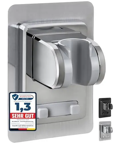 Produktbild: BLUMBACH® Duschkopfhalterung ohne Bohren - DAS ORIGINAL - Duschhalterung kleben statt Bohren - Neigung verstellbar, chrom - Duschkopf Halterung - Shower head holder mit extra starkem Klebepad