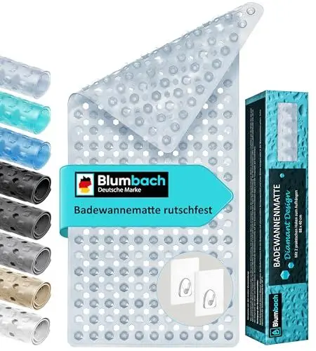 Produktbild: Blumbach® Badewannenmatte rutschfest 88x40cm – inkl. 2 Haken zum Trocknen | 100% BPA-frei, Sicher für Kinder & Senioren | Badematte rutschfest 200+ Saugnäpfe | Schimmelresistent, Maschinenwaschbar
