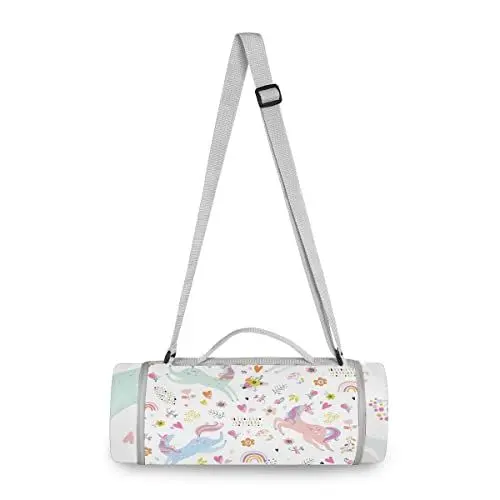Produktbild: Blume Rosa Einhorn Süß Picknickdecke wasserdicht Kreative Runde Picknick-Matte Kampierende Strand Yoga Decken Matten im Freien Faltbar Leicht Matte Decke mit Tragegriff(148cm x 148cm)