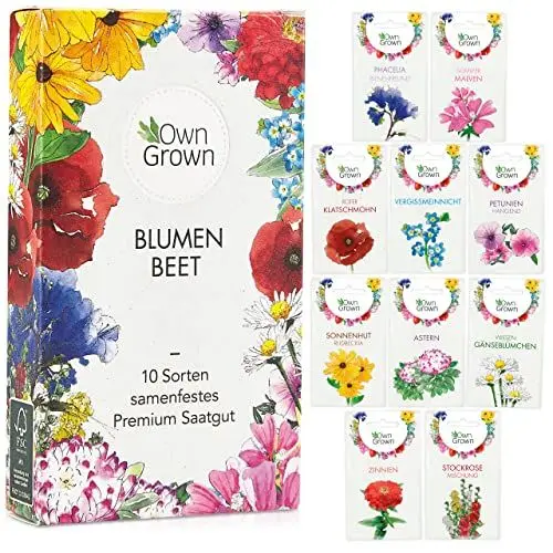 Produktbild: Blumen Samen für Garten und Balkon: 10 Sorten Premium Blumensamen Tütchen als Pflanzensamen Set – Balkonblumen Samen – Wildblumensamen Saatgut Balkon und Samen Garten – Blumensamen Balkon von OwnGrown