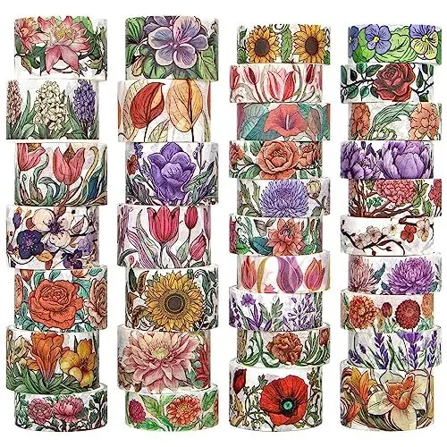 Produktbild: Blumen Washi Tape Set, 34 Rollen Floral Tapes für Journaling Supplies, 25mm und 15mm Flower Breites Dekoband für Bastelarbeiten, Geschenkverpackungen (Rose, Sonnenblume, Lavendel)