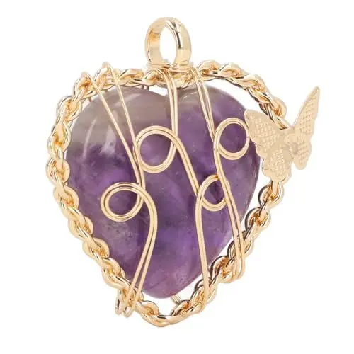 Produktbild: Blumendraht Umwickelter Herz-Stein-Anhänger, Herzkristalle, Edelstein-Anhänger, Heilkristall-Stein-Anhänger für Mutter, Frauen, Ehefrau, Freundin (Amethyst)